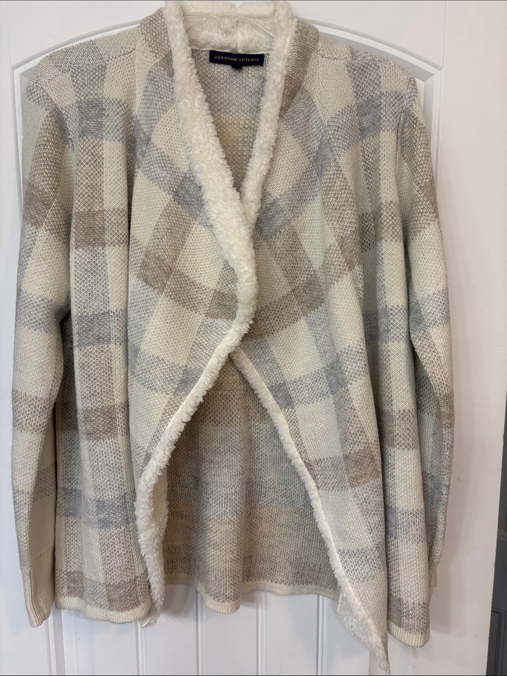Adrienne Vittadini Plaid Open Front Cardigan - Cream & Light Gray women’s size M